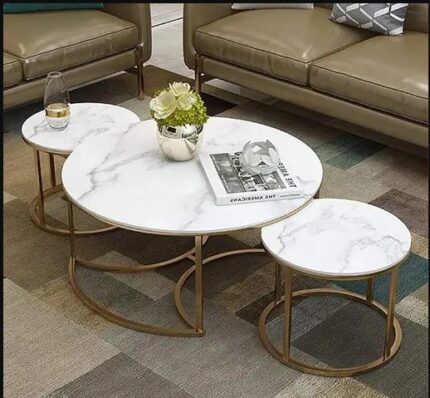 Round Coffee Table Set of 3,Modern Nesting Stacking Center Table with Sturdy Metal Frame and Marble Look for Living Room, Bedroom or Apartments